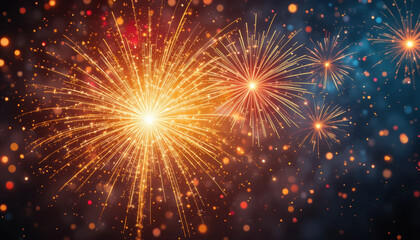 Bright fireworks illuminate night sky with vibrant colors and sparkling effects, creating festive atmosphere