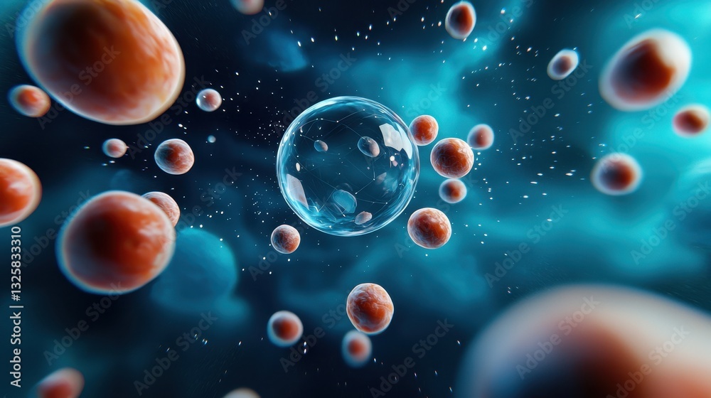 Poster digital depiction of microscopic cells and bubbles, showcasing a vibrant, abstract representation of