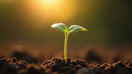 Single sprout with two leaves, backlit by sun, emerging from soil