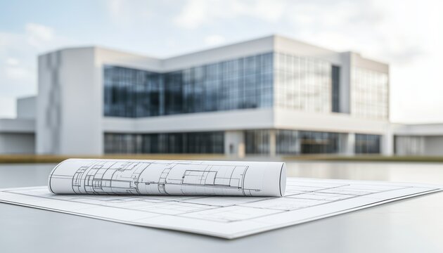 Detailed hospital blueprint laid out on a table, with a blurred modern medical facility in the background, symbolizing architectural planning in healthcare