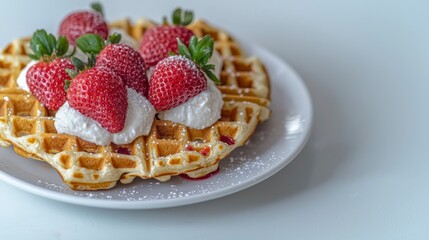 Delicious Waffles with Strawberries and Cream  Gourmet Breakfast