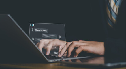 Futuristic AI chatbot assists users person online support system, providing real time responses automation, It represents AI driven customer service, digital transformation, and business innovation.