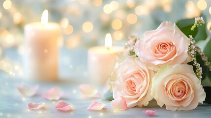 Romantic pink and white rose bouquet with candles on soft pastel bokeh background