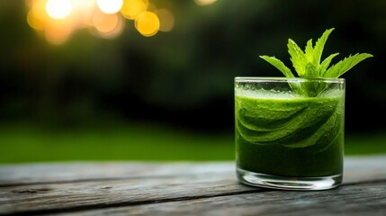 Refreshing Green Smoothie  Healthy Drink  Wooden Table  Bokeh Lights