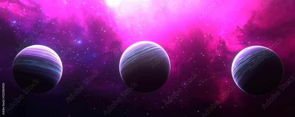 Poster a vibrant cosmic scene featuring three planets set against a colorful nebula background.