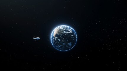 Fototapeta premium Earth and Spacecraft Orbiting Globe in Deep Space with Starfield