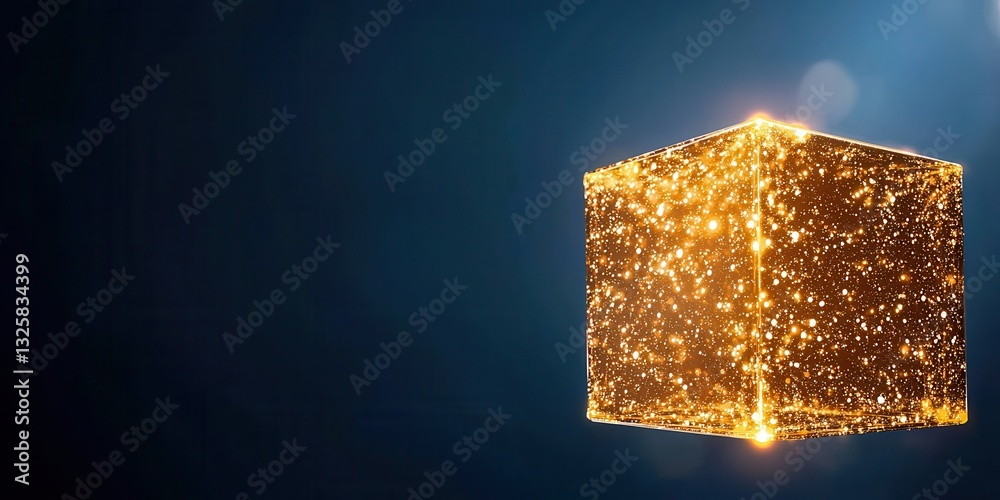 Poster A glowing golden cube emits sparkling light against a dark background, creating a magical and futuristic atmosphere.