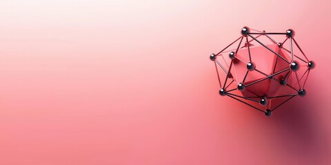 A geometric structure with interconnected lines and nodes set against a soft pink gradient background.
