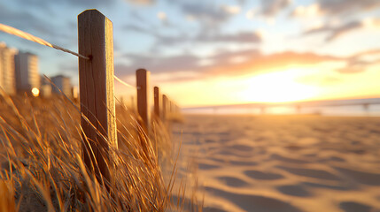 Wooden Fence And Dune Grass On Sandy Beach During Sunset Golden Hour Lighting And City Buildings in The Background