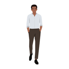 Confident Casual Businessman walks confidently with his hands in his pockets, professional vibe. Flat vector illustration isolated on white background