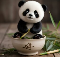 cute panda sitting on a big bowl, eating bamboo