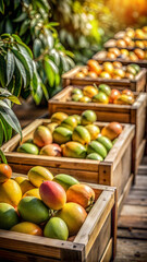 Freshly Harvested Indian Mangoes in Wooden Crates &ndash; Organic Tropical Fruits in a Sunlit Orchard