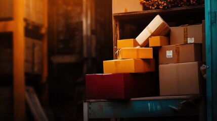 Various packages are arranged in a warehouse, illuminated by warm, golden-hour light, ready for dispatch and delivery