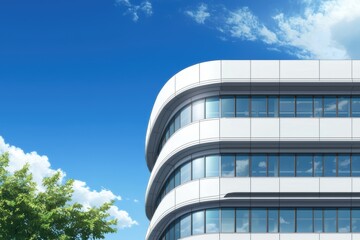 Beautifully designed medical complex with a minimalistic and futuristic architecture, blue sky and green surroundings enhancing the serene atmosphere, anime artwork