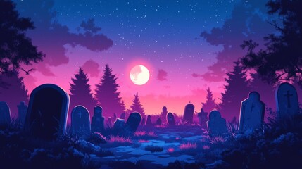 Pixel Art Cemetery Night Scene with Pink and Purple Sky