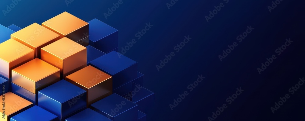 Poster a vibrant digital composition of interlocking blue and orange cubes set against a dark background, c