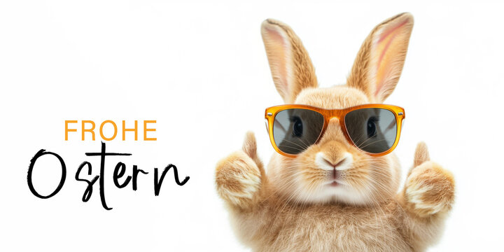 Frohe Ostern Konzept Feiertag Gru&szlig;karte mit deutschem Text - Coller Osterhase Kaninchen mit Sonnenbrille, Daumen nach oben , isoliert auf weissem Hintergrund
