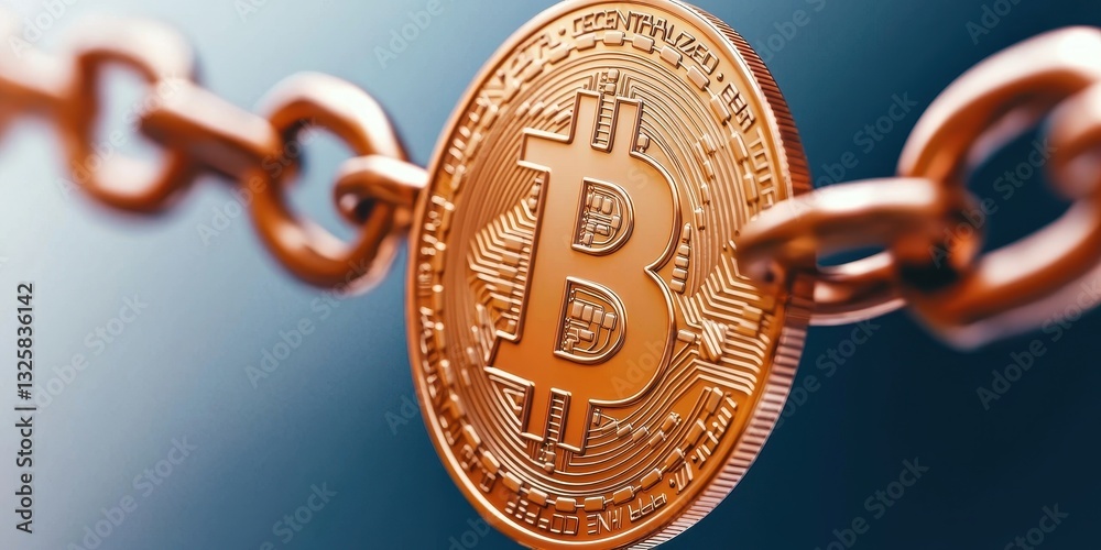 Aufkleber A close-up of a Bitcoin coin linked to a chain, symbolizing cryptocurrency and blockchain technology.