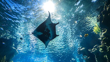 Majestic ray soaring through a vibrant underwater world
