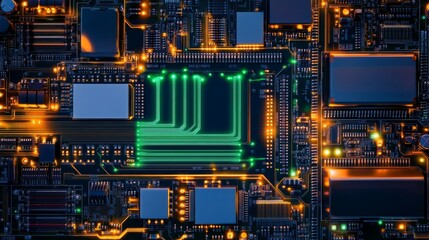 Fototapeta premium Close-up view of a vibrant computer circuit board with illuminated components and connections