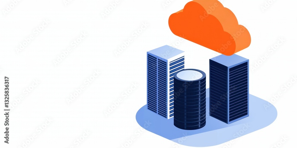 Poster a modern illustration of skyscrapers with a stylized cloud above, symbolizing cloud computing and ur