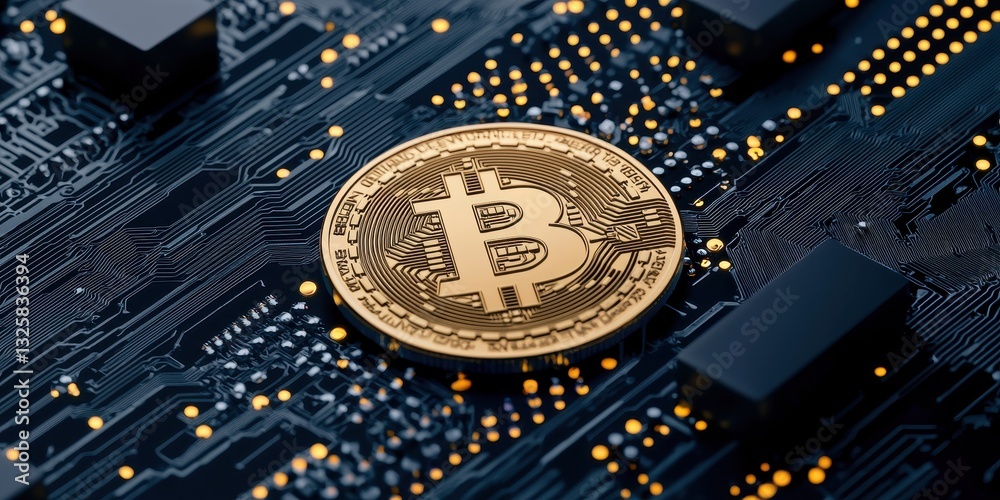 Poster A close-up of a Bitcoin coin on a circuit board, symbolizing digital currency and blockchain technology.