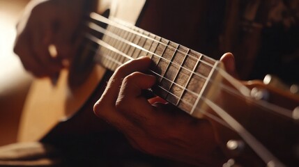 Fototapeta premium Closeup of hands playing acoustic guitar indoors, warm lighting