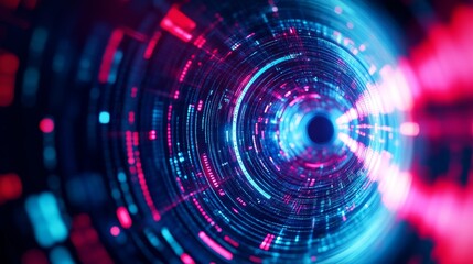 Obraz premium Abstract digital tunnel with vibrant blue and red light, illustrating data flow and technology