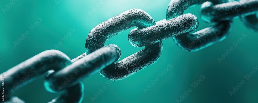 Poster A close-up view of a metallic chain link against a turquoise background, showcasing texture and depth.