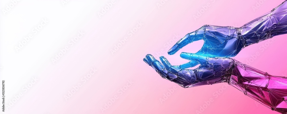 Poster a futuristic image of robotic hands gently holding glowing light, symbolizing technology and innovat