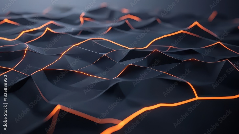 Poster A digital abstract image featuring wavy surfaces in dark tones, illuminated by glowing orange lines creating a dynamic, modern visual effect.