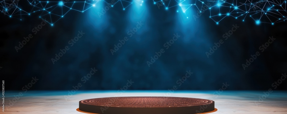 Poster a spotlighted circular platform on a dark stage, illuminated by blue lights, creating a dramatic and