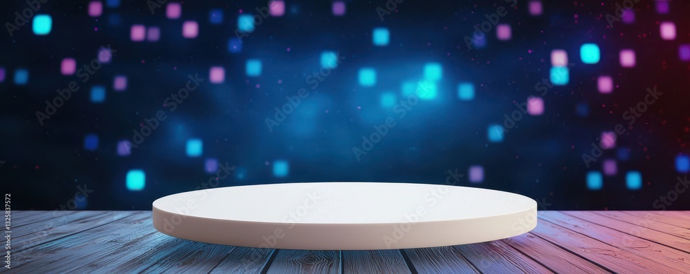 Poster A circular platform on a wooden surface with a blurred background of colorful lights, creating a vibrant and dynamic atmosphere.