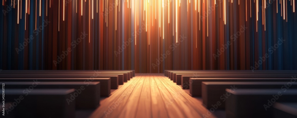 Poster a dramatic interior scene with illuminated vertical lines, creating a striking atmosphere over a woo