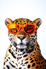 Obraz premium Jaguar wearing orange sunglasses posing confidently against a white background, exotic animal portrait, creative photo concept, fun wildlife photography.