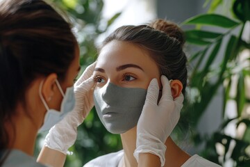 Woman Adjusting Grey Protective Face Mask Healthcare Safety Spa Nurse Cloth Style Hands Gloves      