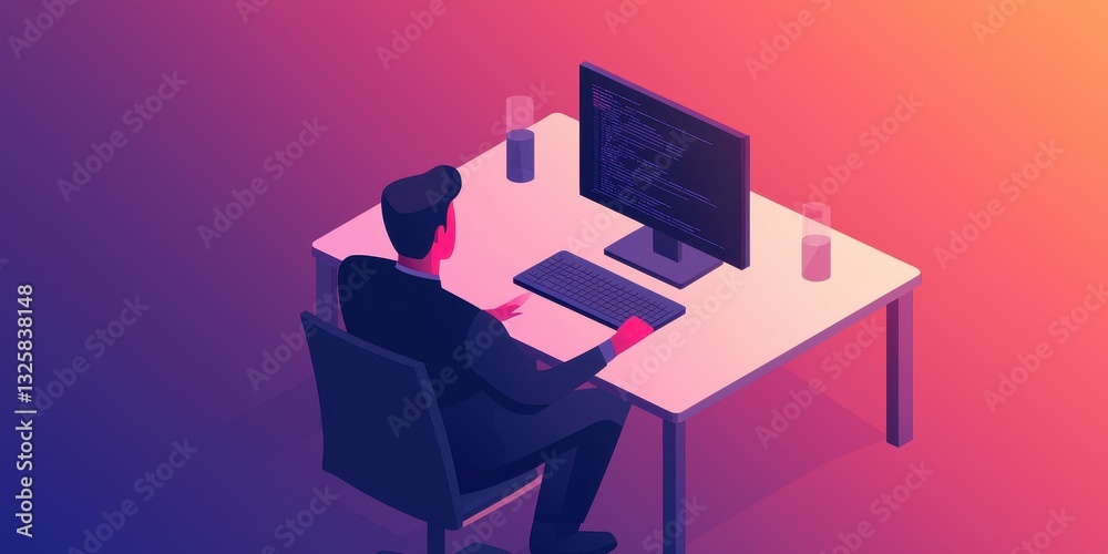 Poster a digital illustration of a person working at a desk with a computer, surrounded by glasses of water