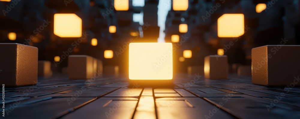Aufkleber A futuristic scene featuring glowing cubes amid a grid, creating a captivating visual effect and enhancing the ambiance of the environment.