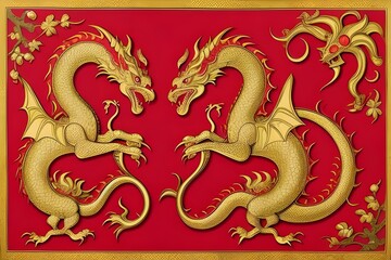 ancient art of a asian, chinese, japanese dragon. Red and gold colors. Royalty. Vintage, antique. traditional, culture, mythology, legend, symbol, power, strength, wisdom, heritage, history, ornate