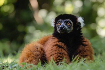 Fototapeta premium brown lemur monkey sitting on grass