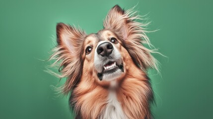 Playful Collie Dog  Happy Pet  Fluffy Fur  Green Background  Adorable Puppy  Studio Shot