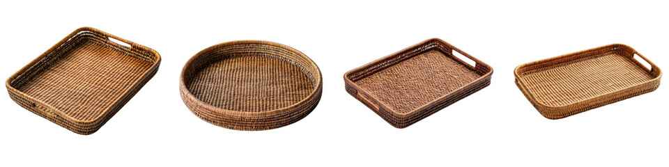 Collection of handcrafted woven rattan wicker and bamboo baskets trays and platters for rustic natural and eco friendly home decor kitchen and dining