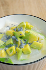 chopped avocado with milk in a bowl