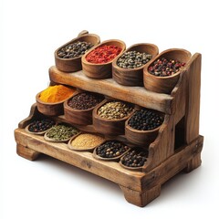 Fototapeta premium Elegant medium-sized wooden spice rack, crafted from neatly stacked wooden planks. Its natural wood texture adds warmth to any kitchen, providing both function and charm for organizing spices beautifu