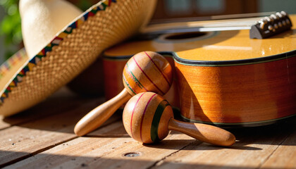 Wooden acoustic guitar and colorful maracas on rustic table, Cinco de Mayo