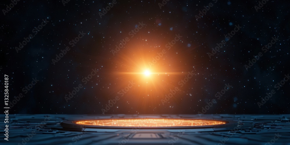 Poster a glowing sun radiates light in a dark cosmic space, illuminating a circular surface below, creating