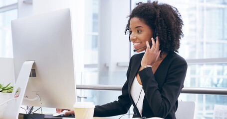 Computer, call center and happy black woman at help desk, insurance advice or contact us....
