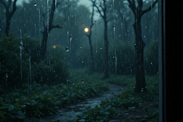 Raindrops on glass provide a view of a forest path