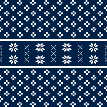 Pixel Christmas Pattern with White Snowflake Icons on Blue Background,Nordic and Scandinavian Style,Ideal for Gift Wrapping,Sweaters,Fabric,Border,Banner and Digital Art Projects During the Holiday