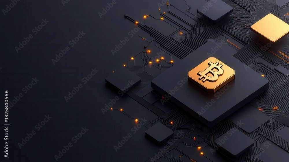 Poster a digital representation of a cryptocurrency concept featuring a golden bitcoin symbol on a circuit 